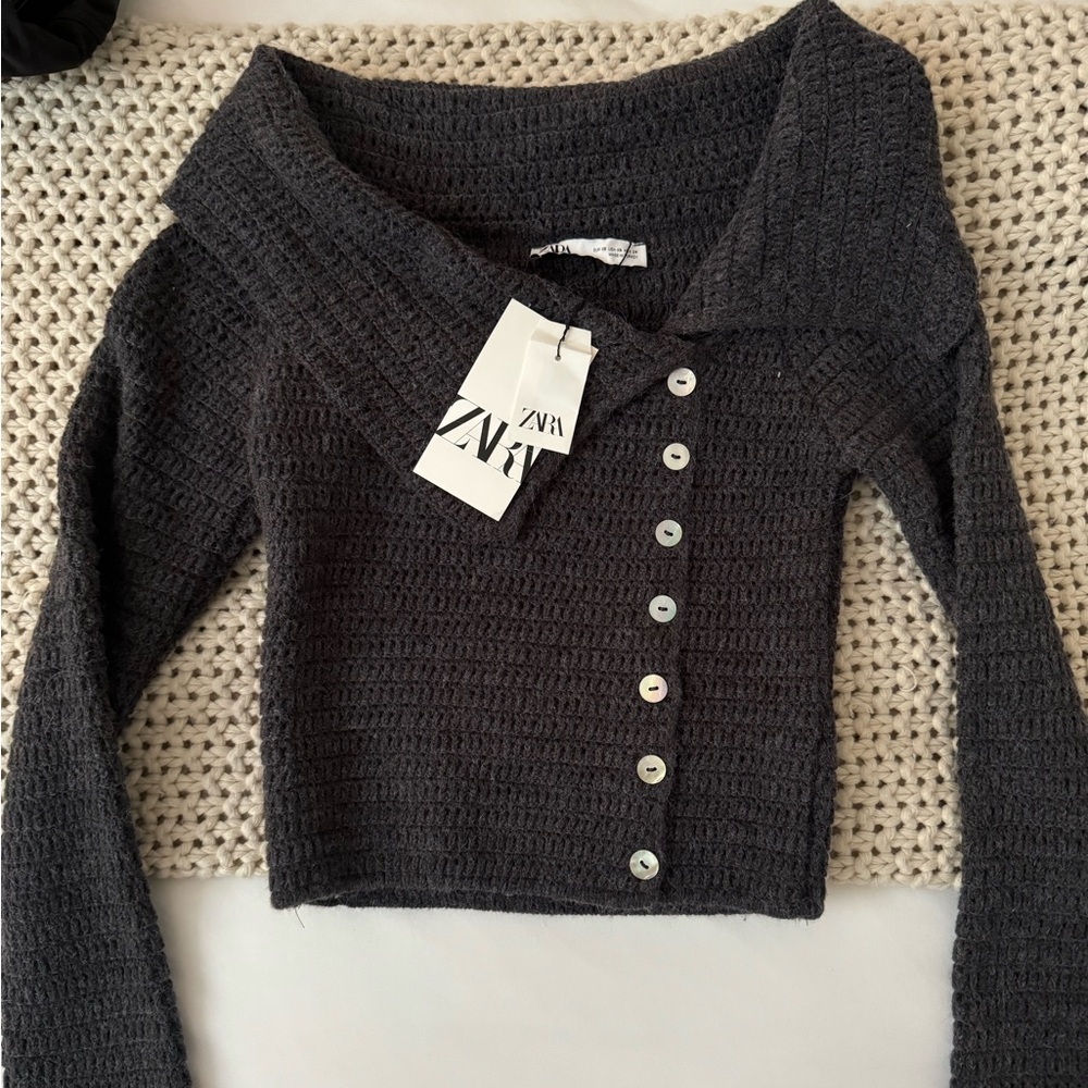 Zara Charcoal Button-Up Knit Top